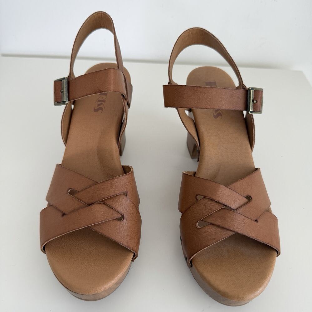 Korks Platform Sandals Womens 9 Brown Tan Wood Heel Strap Studs Boho Earthy‎ - Picture 3 of 9